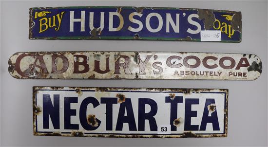 Three enamel advertising signs Cadburys Cocoa, Nectar Tea and Hudsons Soap longest 61cm